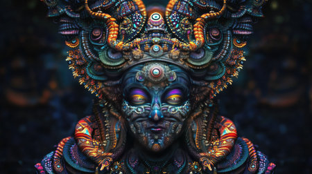 Psychedelic 3D Indian deity with intricate fractal designs and room for copy on a dark backgroundの素材