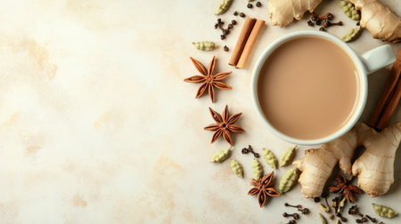 A cup of masala chai with cardamom and ginger, surrounded by spices and ample space for textの素材