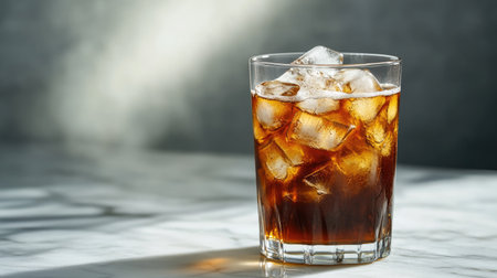 Cold brew coffee with ice cubes, placed on a marble table with room for copyの素材