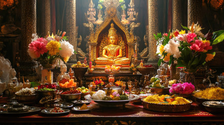A sacred image of Phra Mae Rasami in a traditional temple, with colorful offerings and space for textの素材