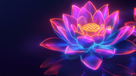 Neon 3D lotus flower with vibrant Indian-inspired psychedelic colors, leaving room for copyの素材