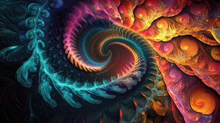 Vibrant 3D Indian psychedelic fractal art with swirling colors and room for copy space on a dark backdropの素材