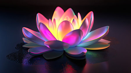 Indian psychedelic 3D lotus flower, glowing in neon colors, surrounded by copy space on a dark background.の素材