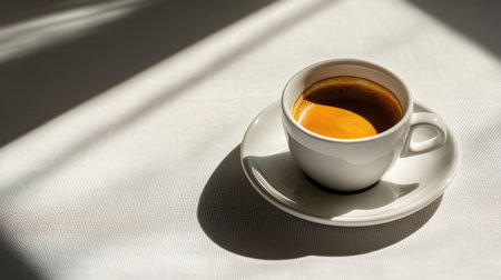 A cup of espresso with a saucer, placed on a simple background with plenty of room for copy spaceの素材