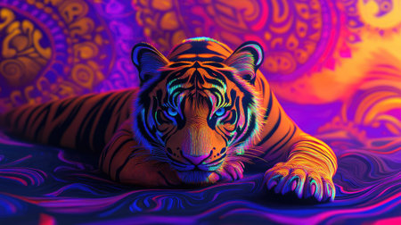 Indian psychedelic 3D tiger with swirling neon patterns, surrounded by ample copy space.の素材
