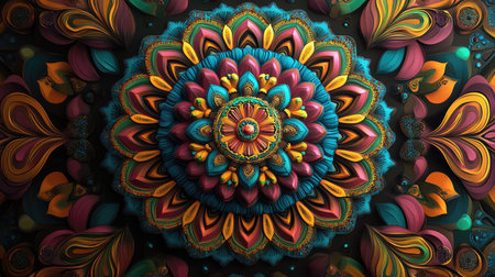 Hypnotic 3D mandala with colorful Indian psychedelic patterns, leaving room for copy space on a dark background.の素材