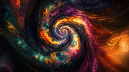 Vibrant 3D Indian psychedelic fractal art with swirling colors and room for copy space on a dark backdropの素材