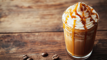Iced coffee with whipped cream and caramel drizzle, laid on a wooden table with space for textの素材