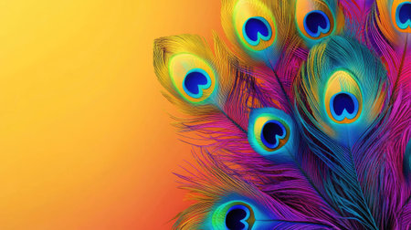 3D peacock feathers in psychedelic colors with detailed Indian designs, with space for text.の素材