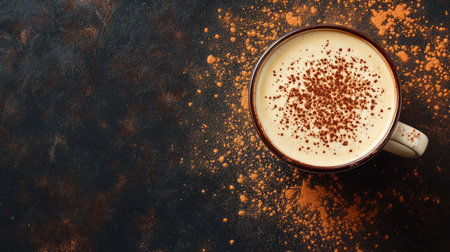 A cup of creamy cappuccino with cocoa powder sprinkled on top, laid out with space for copyの素材