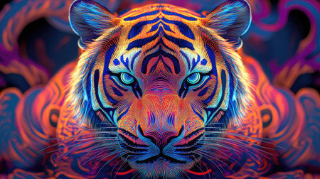Indian psychedelic 3D tiger with swirling neon patterns, surrounded by ample copy space.の素材