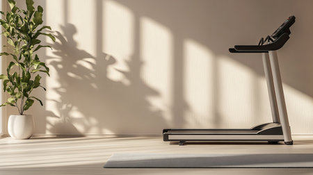 Knee-friendly treadmill placed near a yoga mat, with space for text on a neutral background.の素材