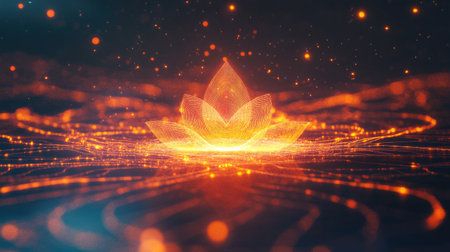 Psychedelic 3D rendering of Indian chakras with glowing energy lines and copy space on a dark backgroundの素材