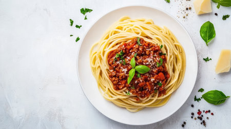Top view of spaghetti with bolognese sauce, garnished with fresh herbs and spices, with room for copyの素材