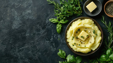 Top view of mashed potatoes with butter, alongside fresh herbs, with space for copyの素材