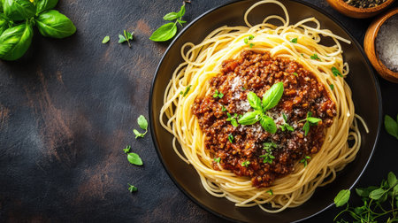 Top view of spaghetti with bolognese sauce, garnished with fresh herbs and spices, with room for copyの素材