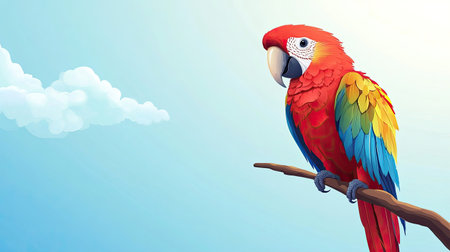 A cartoon parrot with colorful feathers perched on a branch. Clear sky above with space for textの素材