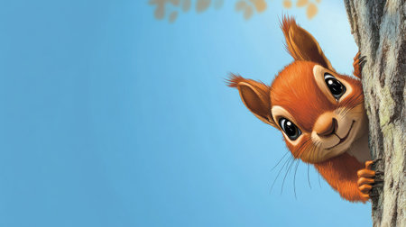 A curious cartoon squirrel peeking out from a tree with room for text in the backgroundの素材