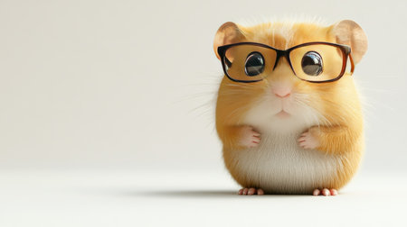 A 3D-rendered hamster in glasses looking curious, set against a clean white background with plenty of space for textの素材