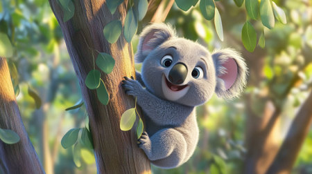A curious cartoon koala climbing a eucalyptus tree. Room for text in the backgroundの素材