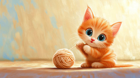 A curious cartoon kitten playing with a ball of yarn, with space for writing in the backgroundの素材