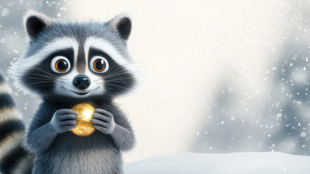 A curious cartoon raccoon holding a shiny object, with room for text in the backgroundの素材
