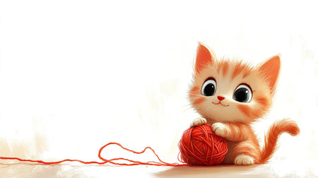 A cute cartoon kitten playing with a ball of yarn, with plenty of room for text in the backgroundの素材