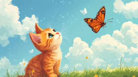 A cute cartoon kitten playing with a butterfly, with plenty of room for text in the skyの素材