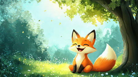 A cute cartoon fox sitting under a tree in a forest with a big smile. Open space for copy in the skyの素材