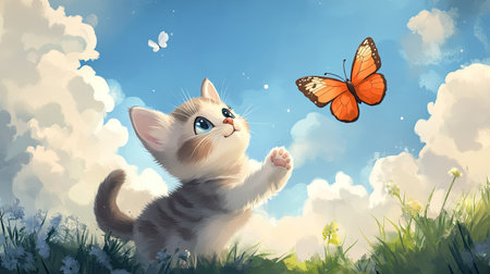 A cute cartoon kitten playing with a butterfly, with plenty of room for text in the skyの素材