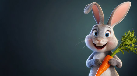 Cartoon bunny holding a carrot with space for text in the backgroundの素材