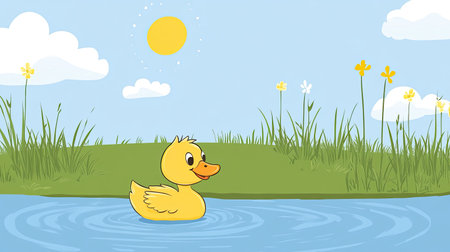 A cheerful cartoon duck swimming in a pond with open space for writing in the blue skyの素材