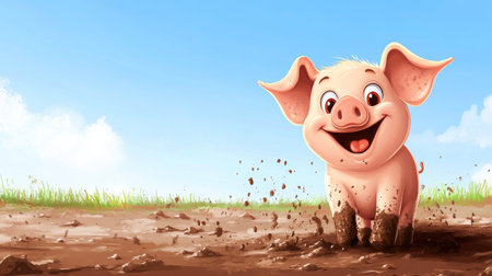 A happy cartoon piglet playing in the mud under a clear blue sky, with room for textの素材