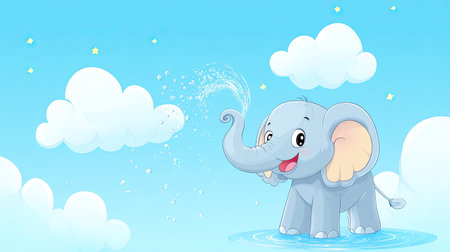 A happy cartoon elephant spraying water with its trunk, with room for text in the blue skyの素材