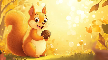 A cheerful cartoon squirrel holding an acorn, with plenty of room for writing in the backgroundの素材