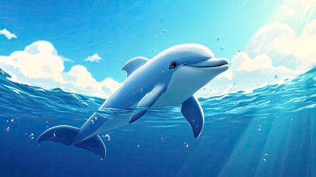 A happy cartoon dolphin swimming in the ocean, leaving room for text in the skyの素材