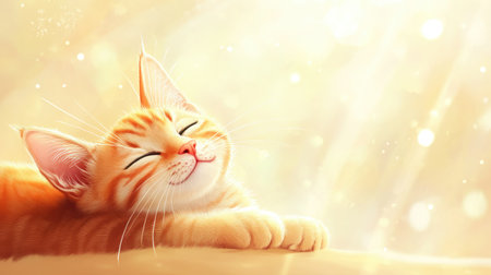A cute cartoon kitten napping in a sunbeam, with open space for writing in the backgroundの素材