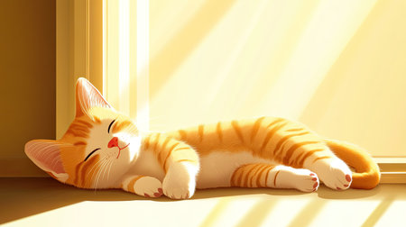 A cute cartoon kitten napping in a sunbeam, with open space for writing in the backgroundの素材