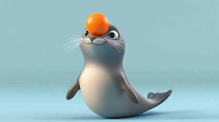 A playful cartoon seal balancing a ball on its nose with room for writing in the backgroundの素材