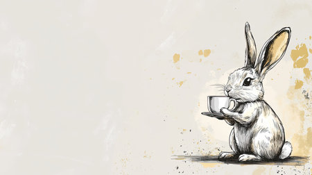 A whimsical illustration of a rabbit sipping coffee in a relaxed pose, with a neutral background and space for text on the sideの素材