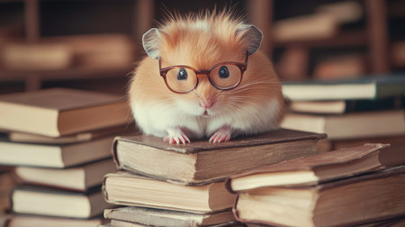 A fluffy hamster wearing glasses, standing on a stack of books with a neutral background and ample room for copyの素材