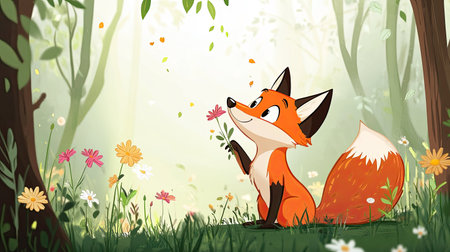 Cartoon fox sniffing flowers in the forest with open space for writing aboveの素材