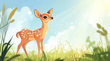 Cartoon deer fawn standing in a meadow with a bright sky and space for textの素材