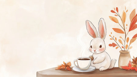 A cute cartoon rabbit sitting at a table with a steaming cup of coffee, surrounded by cozy elements and space for textの素材