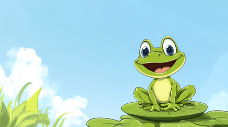 Cartoon frog sitting on a lily pad with a wide smile. Open area for text above in the blue skyの素材