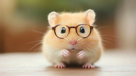 A cute hamster wearing tiny glasses, sitting on a wooden table with a soft background and ample space for textの素材