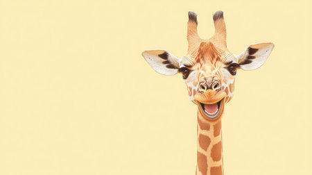 Adorable cartoon giraffe with a long neck and bright smile standing against a pale yellow background with copy spaceの素材