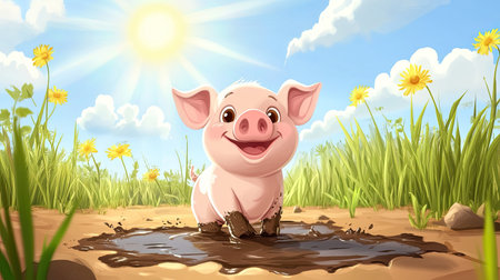 Cartoon piglet playing in a mud puddle under the sun, with ample room for text in the backgroundの素材