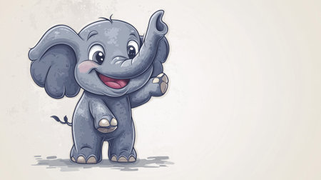 A smiling cartoon elephant waving its trunk, with room for writing in the backgroundの素材
