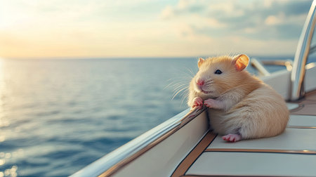 A cute hamster lounging on the deck of a luxurious yacht with the ocean in the background, leaving ample space for textの素材